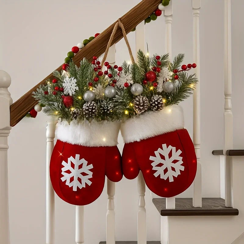 Handmade Mitten Wreath - Red Faux Fur Trim with Golden Accents & Snowflake Design