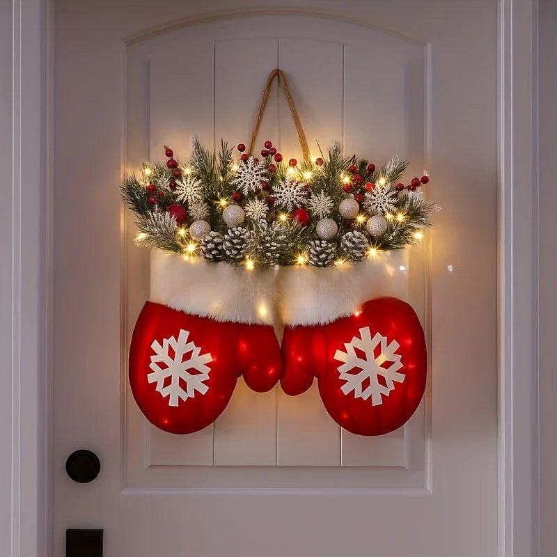 Handmade Mitten Wreath - Red Faux Fur Trim with Golden Accents & Snowflake Design