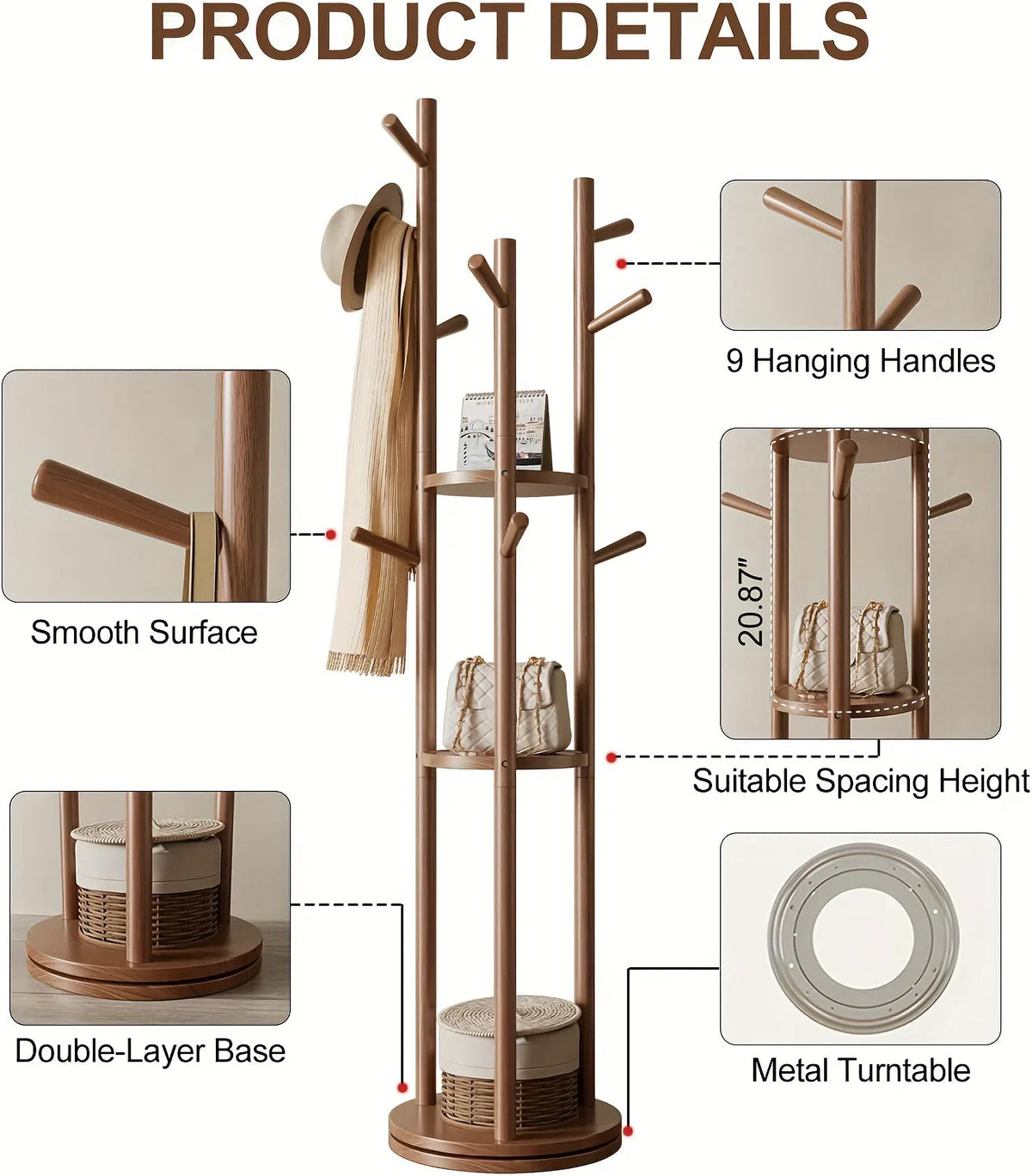 Heavy-Duty Freestanding Clothes Rack with 3-Tier Shelves & 9 Hooks - No Assembly Needed, Space-Saving Organizer Stand for Entryway, Bedroom, Office - Sturdy Hardwood Construction, Modern Minimalist Design for Coats, Hats, Bag