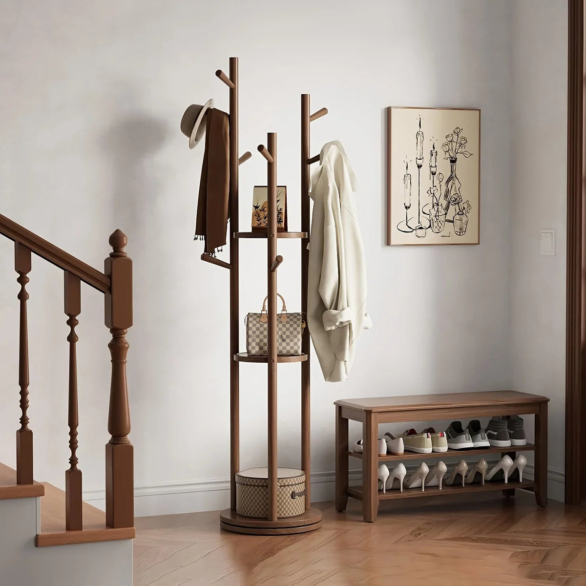 Heavy-Duty Freestanding Clothes Rack with 3-Tier Shelves & 9 Hooks - No Assembly Needed, Space-Saving Organizer Stand for Entryway, Bedroom, Office - Sturdy Hardwood Construction, Modern Minimalist Design for Coats, Hats, Bag