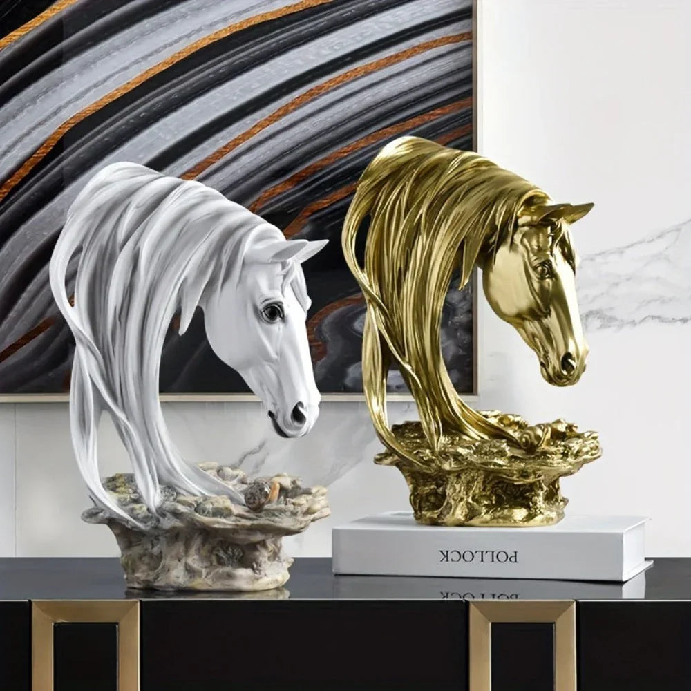 Horse Head Sculpture Artistic Gold and White for Home Decor Lovers