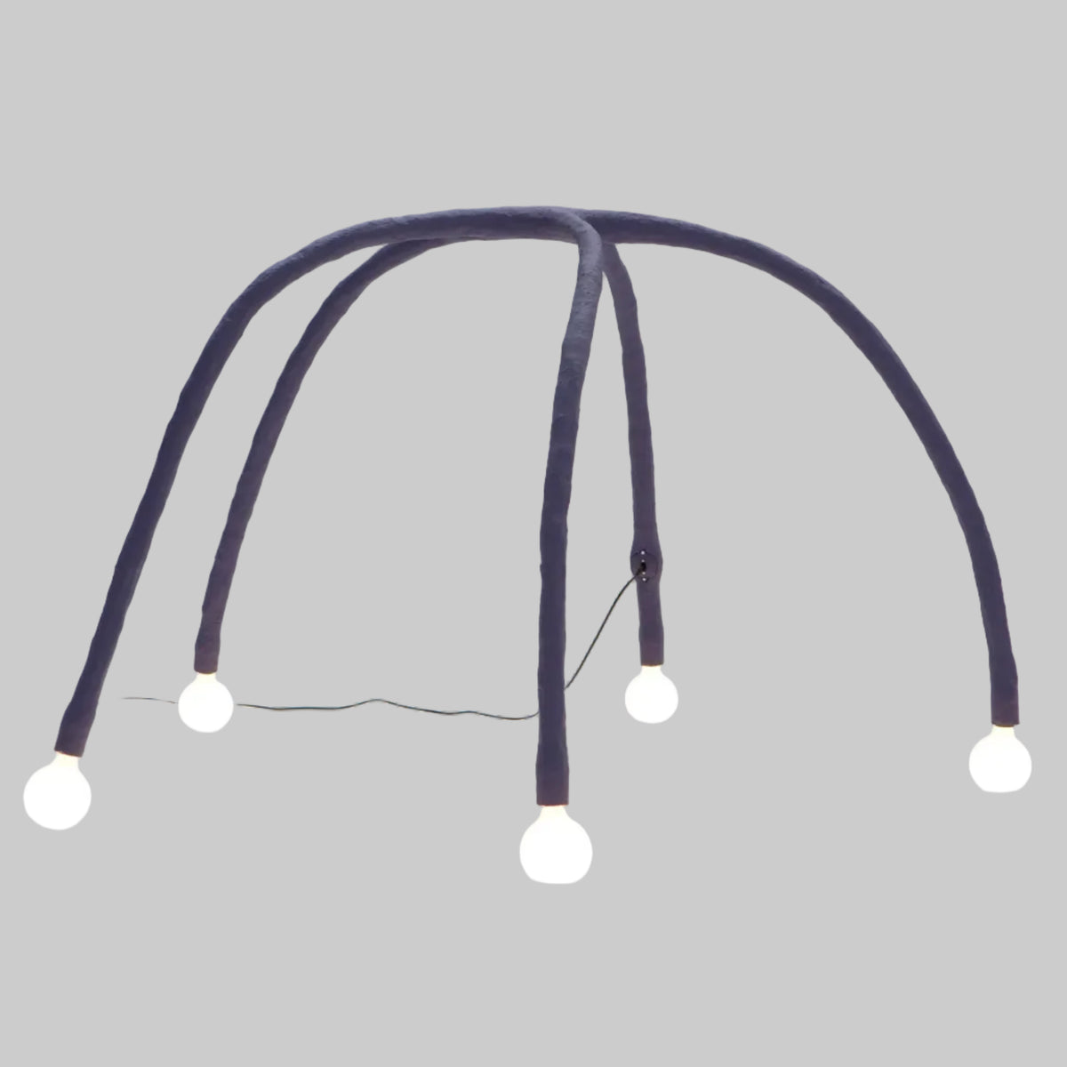 A modern sculptural floor lamp with five curved dark charcoal gray arms ending in glowing white globe bulbs, set against a seamless light gray background.