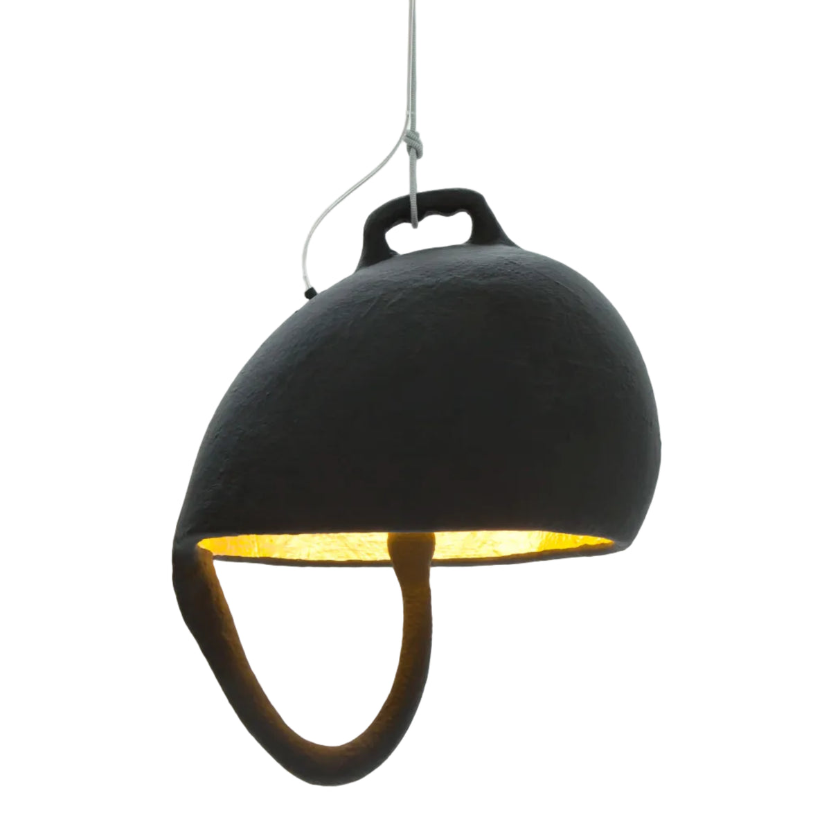 A hanging pendant light shaped like a black helmet, with a warm yellow glow from the interior and a curved brown support arm extending downward, shown against a plain light gray background.
