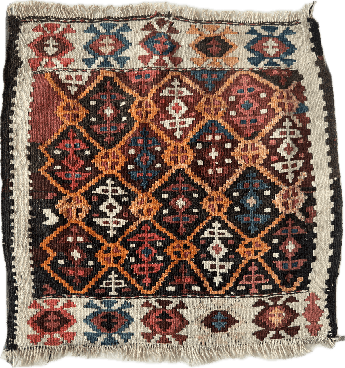 Antique Caucasian Shahsavan Bag Face 16" x 18" | Brown, Orange & Ivory | Hand-Woven Wool Flatweave - Rugistan