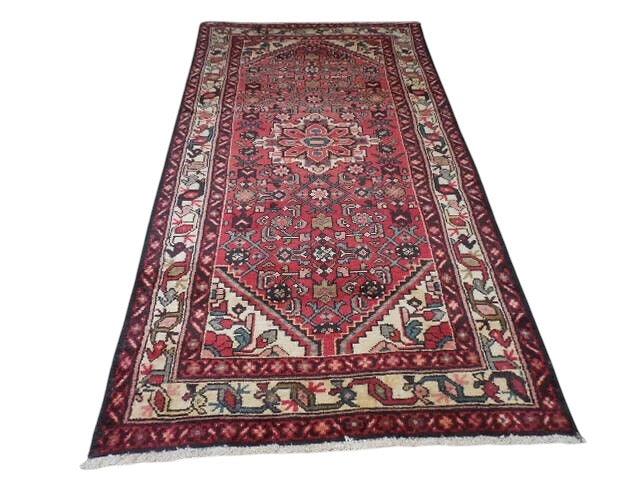 Antique Persian Hamadan Rug 4x7 | Red, Navy & Ivory | Hand-Knotted Wool - Rugistan, view 2