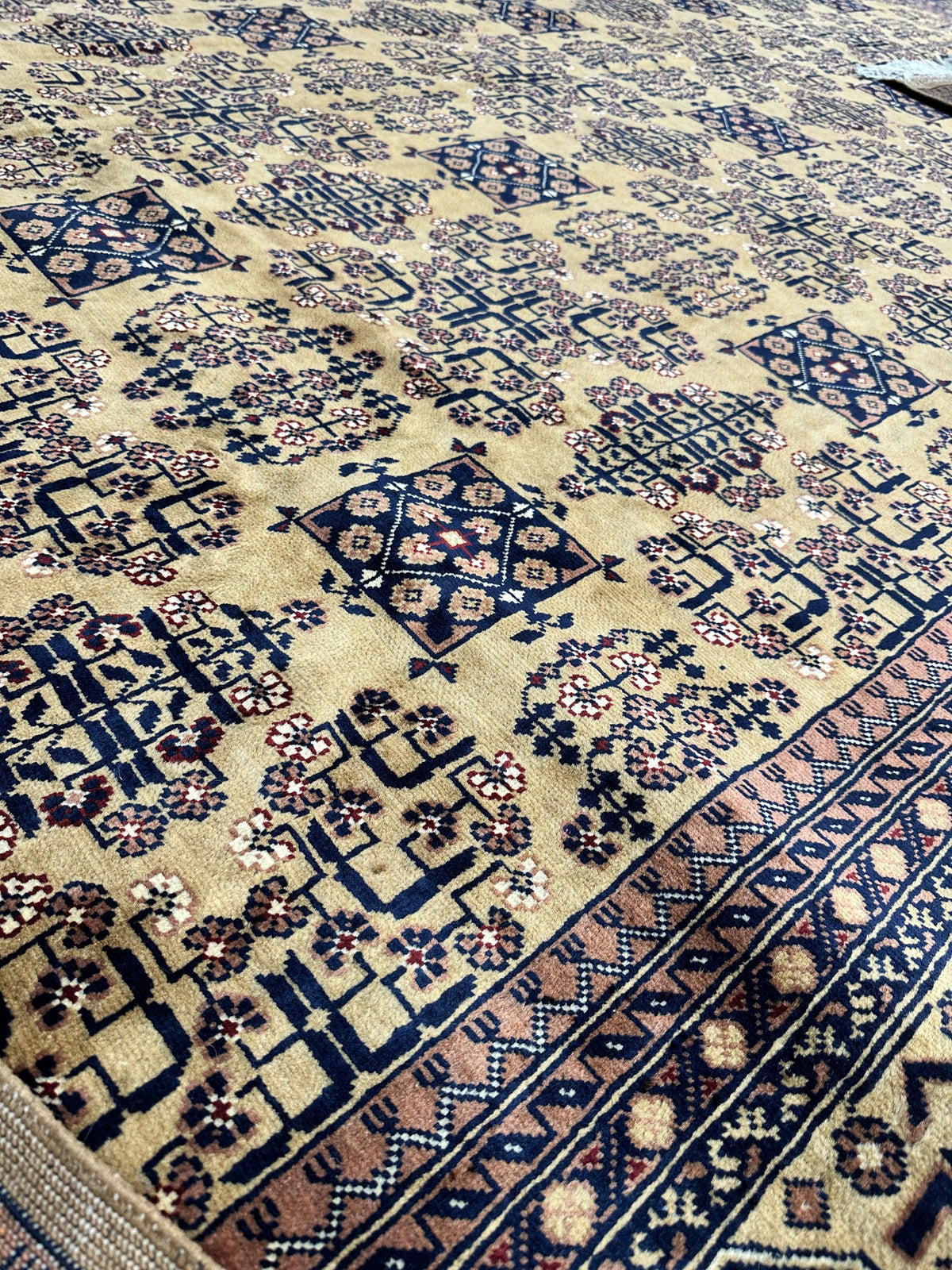 Afghan Turkmen Rug 8x12 | Gold, Navy & Ivory | Hand-Knotted Wool - Rugistan, view 6