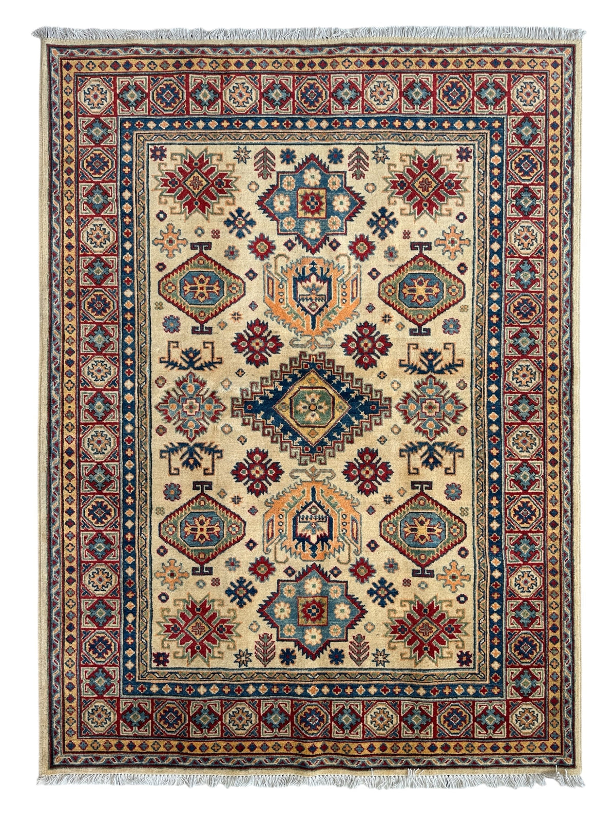 Afghan Kazak Medallion Rug 5x7 | Ivory, Red, Navy & Light Blue | Hand-Knotted Wool - Rugistan