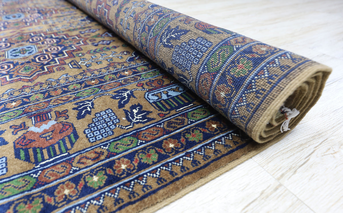 Afghan Rug 7x10 | Gold, Navy & Brown | Hand-Knotted Wool - Rugistan, view 6