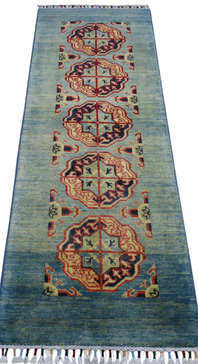 Afghan Kazak Runner 2x6 | Blue, Orange & Rust | Hand-Knotted Wool - Rugistan, view 2