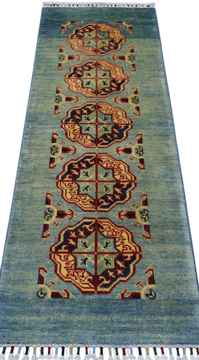 Afghan Kazak Runner 2x6 | Blue, Orange & Rust | Hand-Knotted Wool - Rugistan, view 3
