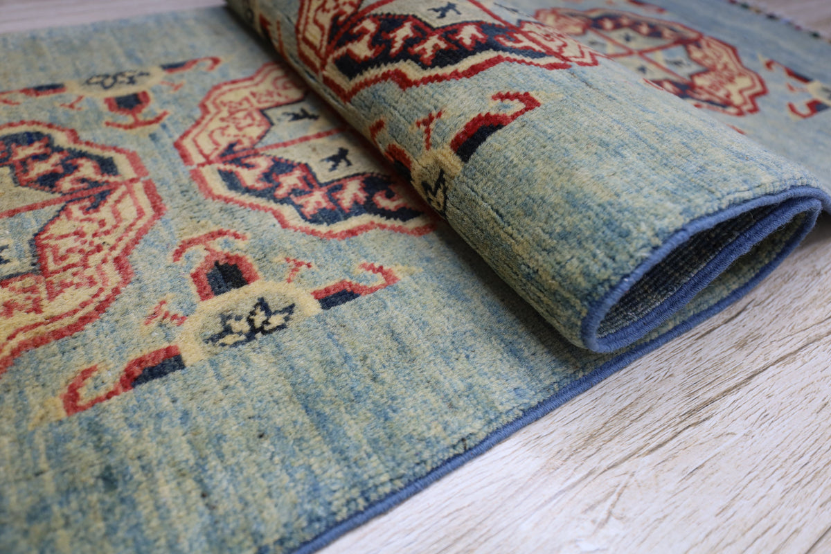Afghan Kazak Runner 2x6 | Blue, Orange & Rust | Hand-Knotted Wool - Rugistan, view 8