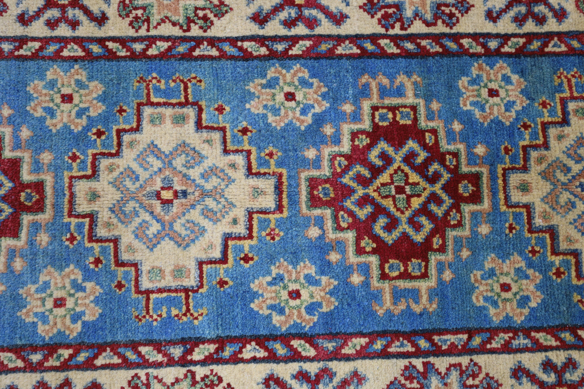 Afghan Kazak Runner 2x6 | Blue, Gold & Red | Hand-Knotted Wool - Rugistan, view 4