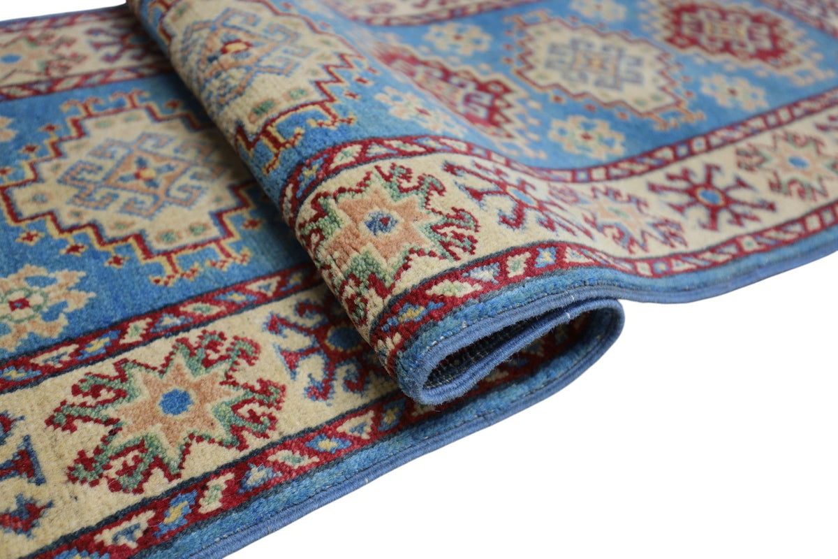 Afghan Kazak Runner 2x6 | Blue, Gold & Red | Hand-Knotted Wool - Rugistan, view 5