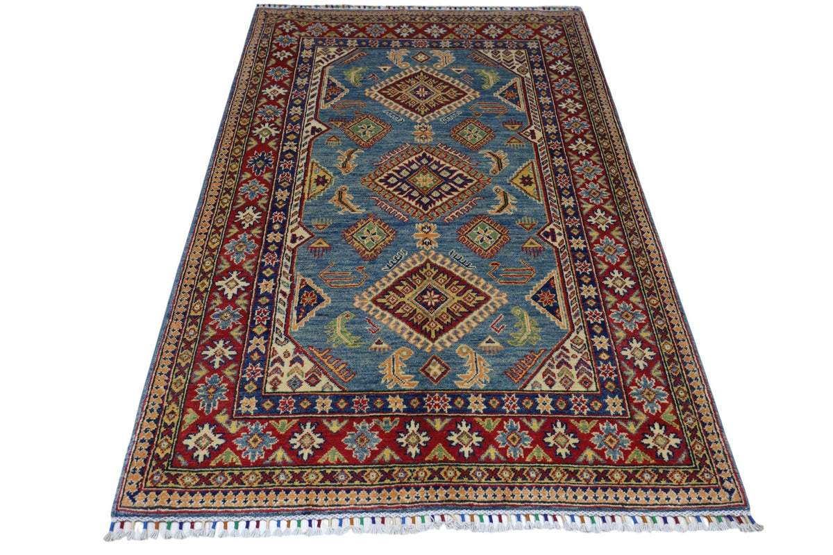Afghan Kazak Medallion Rug 4x6 | Light Blue, Red, Ivory & Navy | Hand-Knotted Wool - Rugistan, view 2