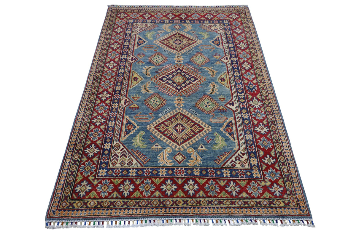 Afghan Kazak Medallion Rug 4x6 | Light Blue, Red, Ivory & Navy | Hand-Knotted Wool - Rugistan, view 3