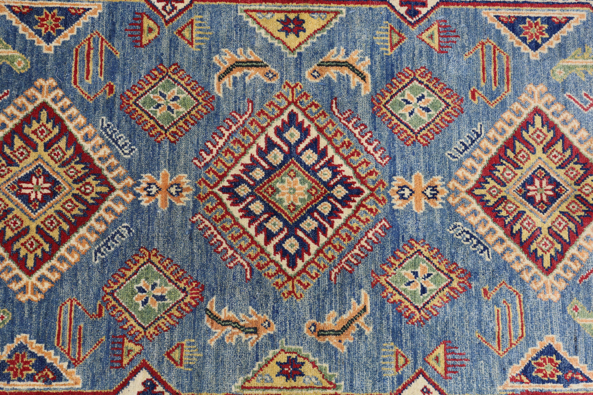 Afghan Kazak Medallion Rug 4x6 | Light Blue, Red, Ivory & Navy | Hand-Knotted Wool - Rugistan, view 9