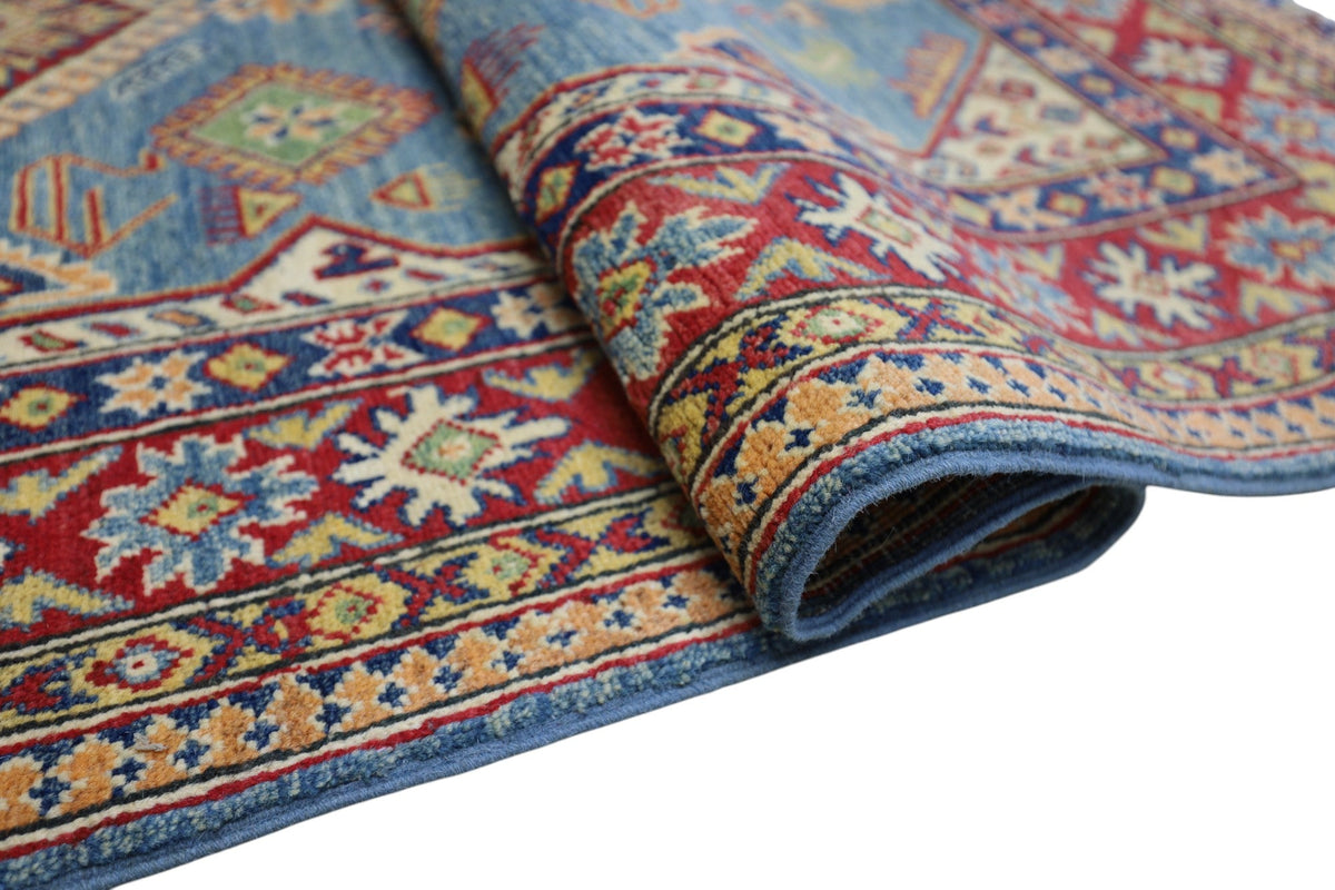 Afghan Kazak Medallion Rug 4x6 | Light Blue, Red, Ivory & Navy | Hand-Knotted Wool - Rugistan, view 4