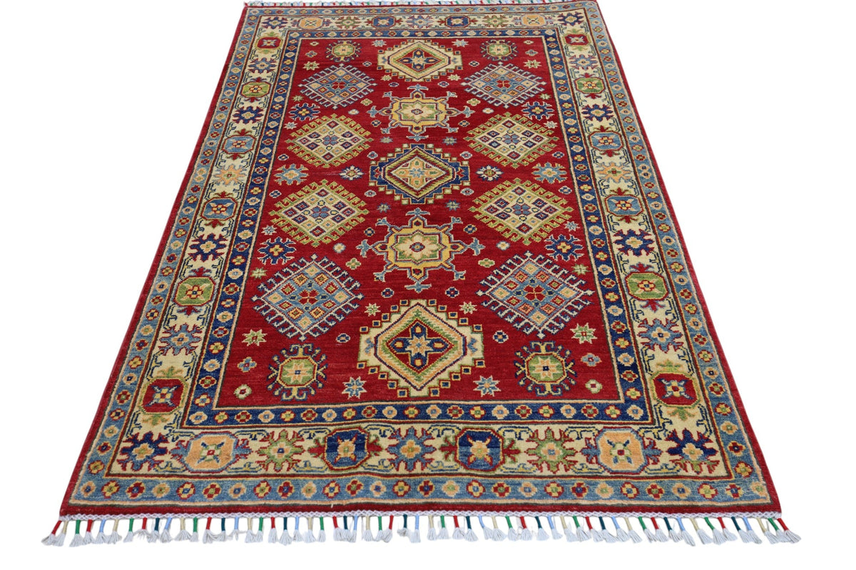 Afghan Kazak Medallion Rug 4x6 | Red, Gold & Ivory | Hand-Knotted Wool - Rugistan, view 3