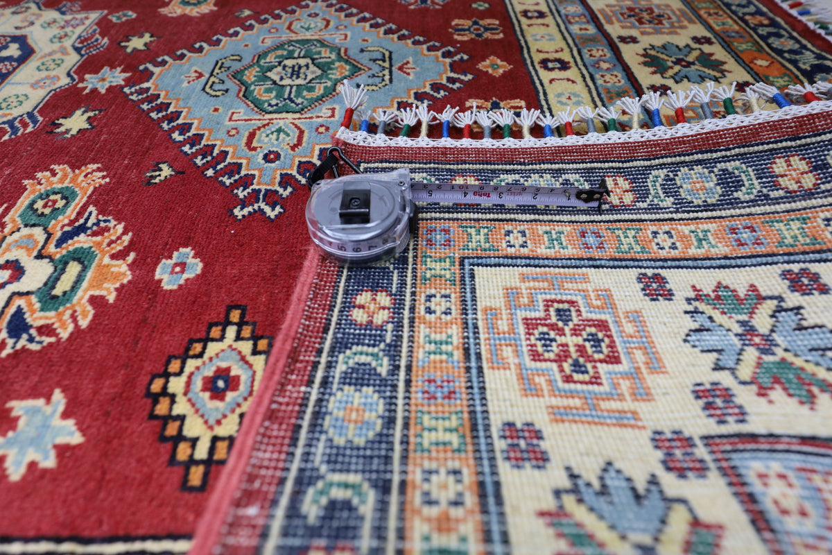 Afghan Kazak Medallion Rug 5x7 | Red, Ivory, Light Blue & Navy | Hand-Knotted Wool - Rugistan, view 8