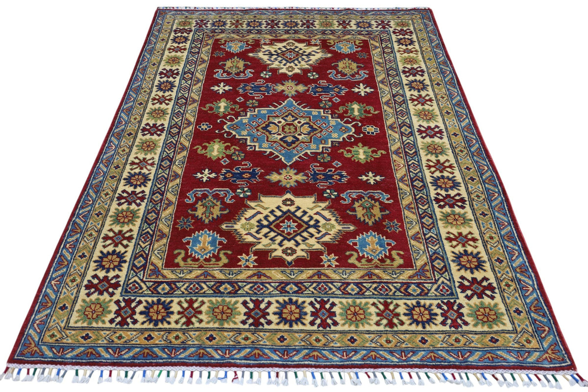 Afghan Kazak Medallion Rug 5x7 | Red, Gold & Ivory | Hand-Knotted Wool - Rugistan, view 2