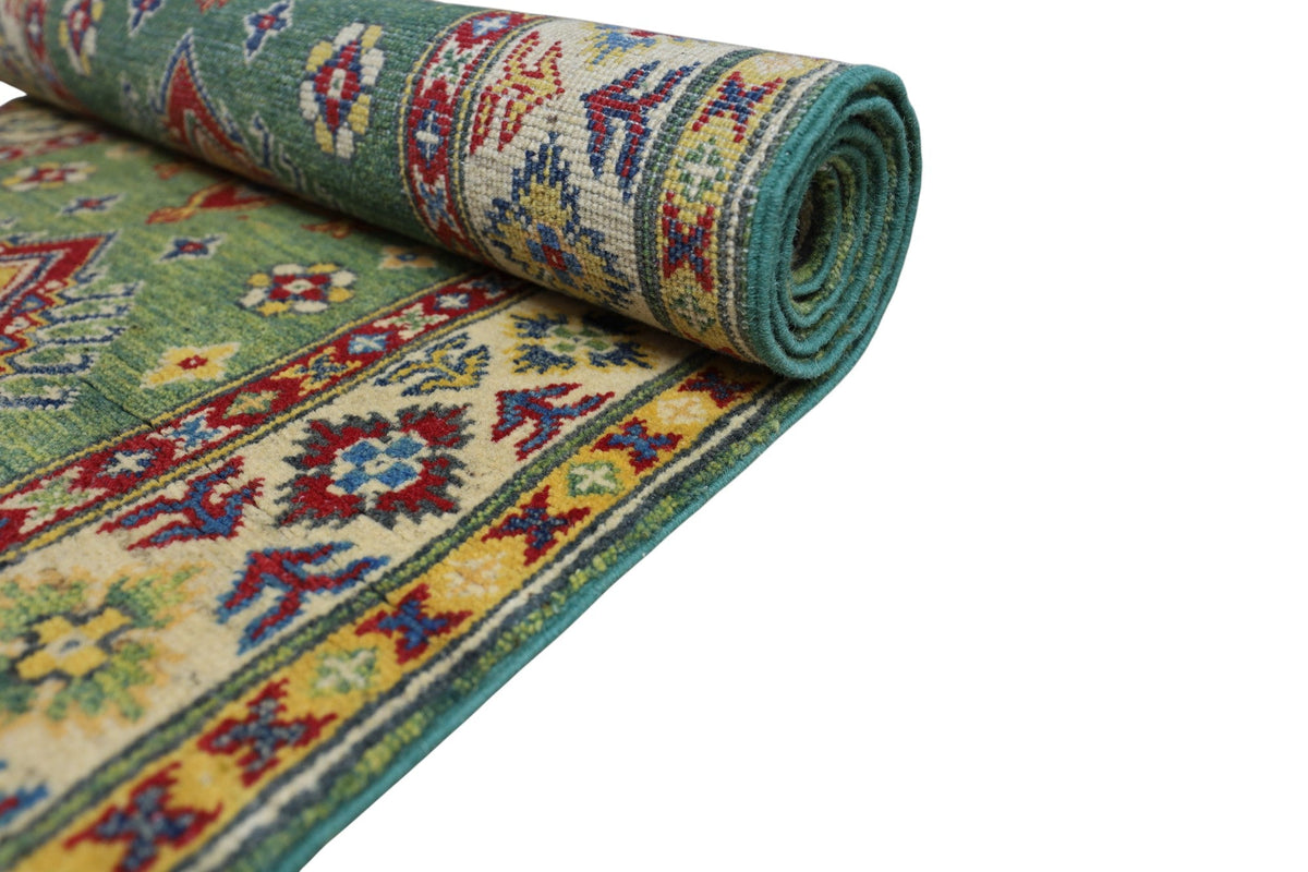 Afghan Kazak Runner 3x10 | Green, Gold & Red | Hand-Knotted Wool - Rugistan, view 6