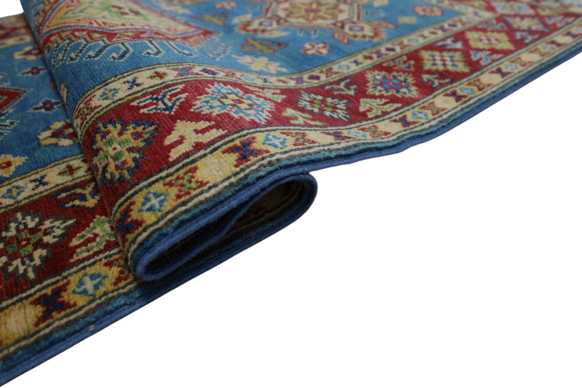 Afghan Kazak Medallion Runner 3x10 | Light Blue, Red, Gold & Ivory | Hand-Knotted Wool - Rugistan, view 5