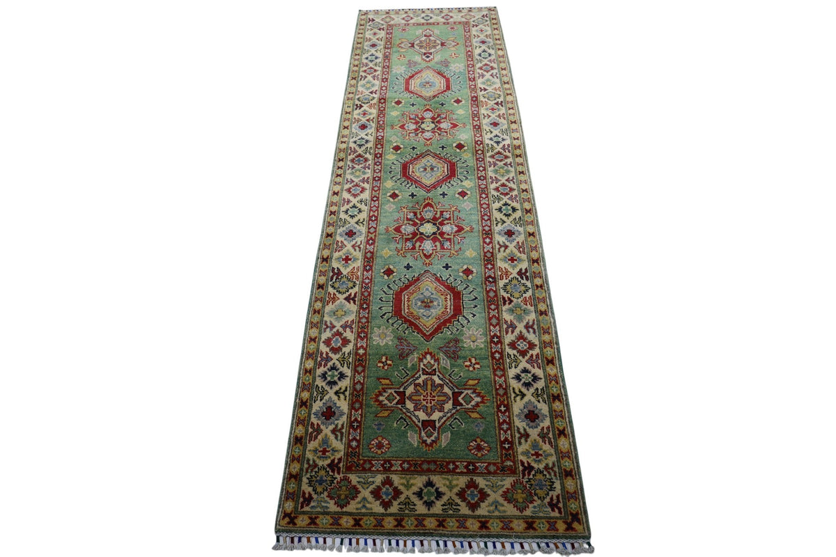 Afghan Kazak Runner 3x9 | Green, Ivory & Red | Hand-Knotted Wool - Rugistan, view 3