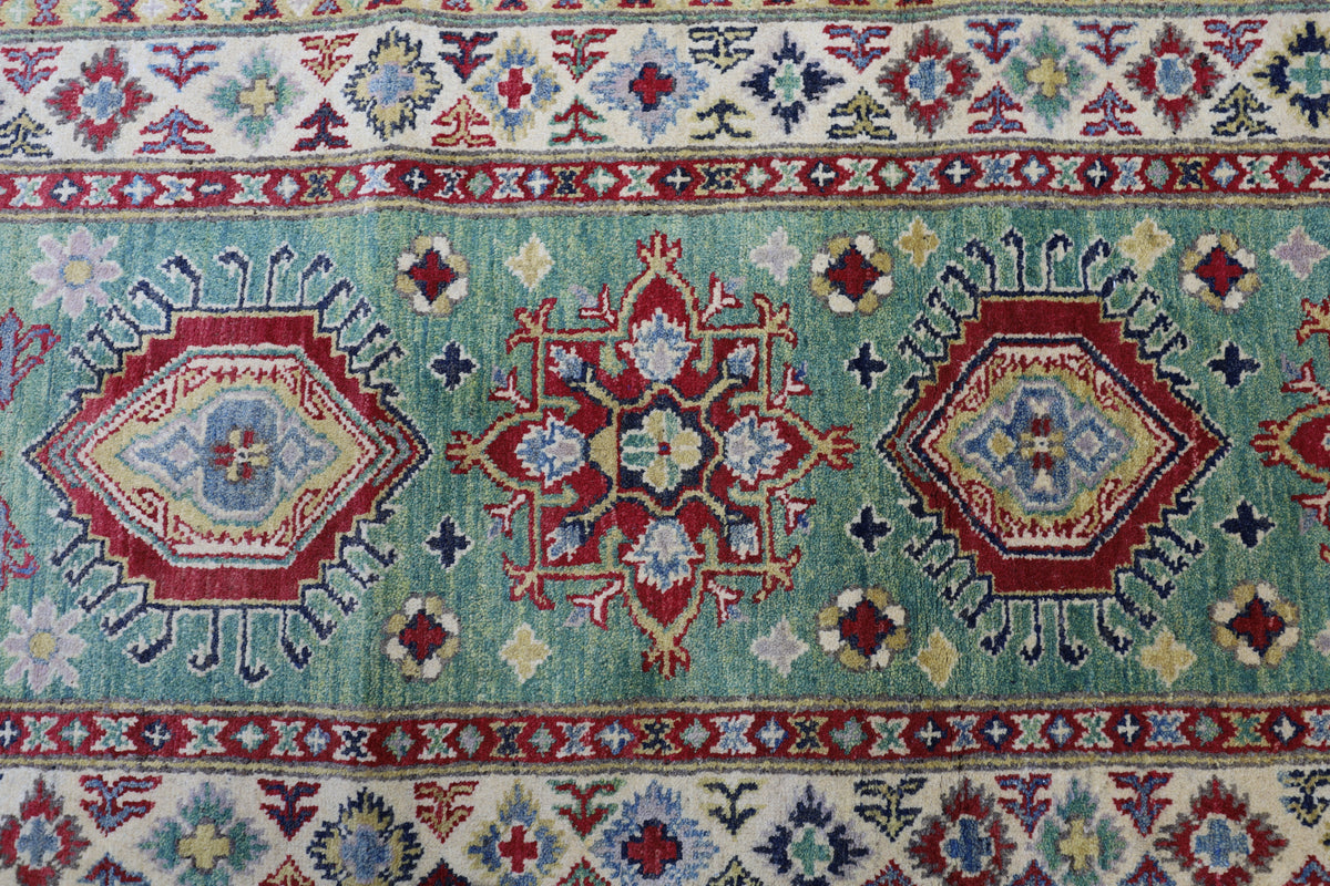 Afghan Kazak Runner 3x9 | Green, Ivory & Red | Hand-Knotted Wool - Rugistan, view 4