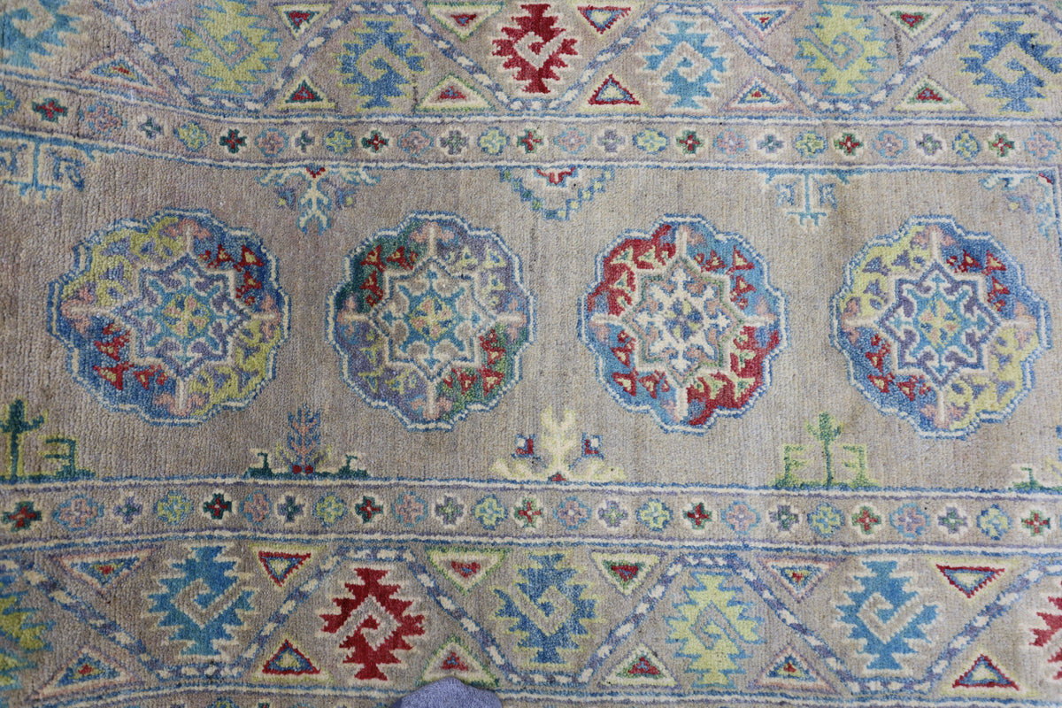 Afghan Kazak Runner 3x10 | Olive Green, Gray & Red | Hand-Knotted Wool - Rugistan, view 4