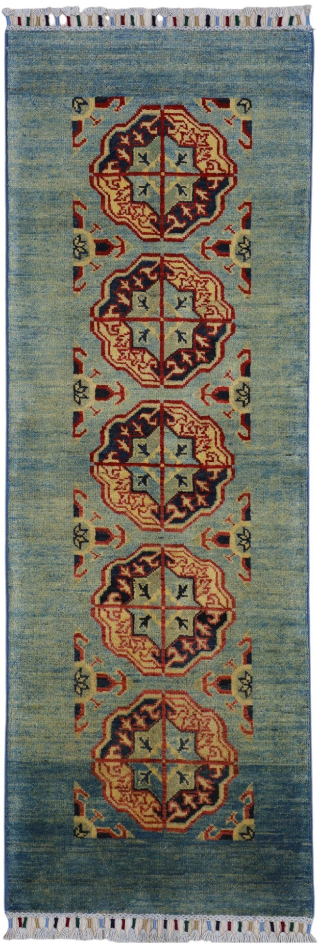 Afghan Kazak Runner 2x6 | Blue, Orange & Rust | Hand-Knotted Wool - Rugistan