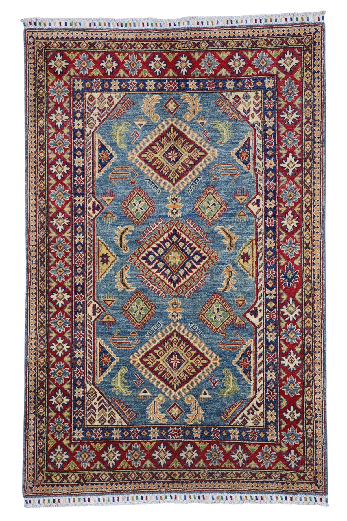 Afghan Kazak Medallion Rug 4x6 | Light Blue, Red, Ivory & Navy | Hand-Knotted Wool - Rugistan