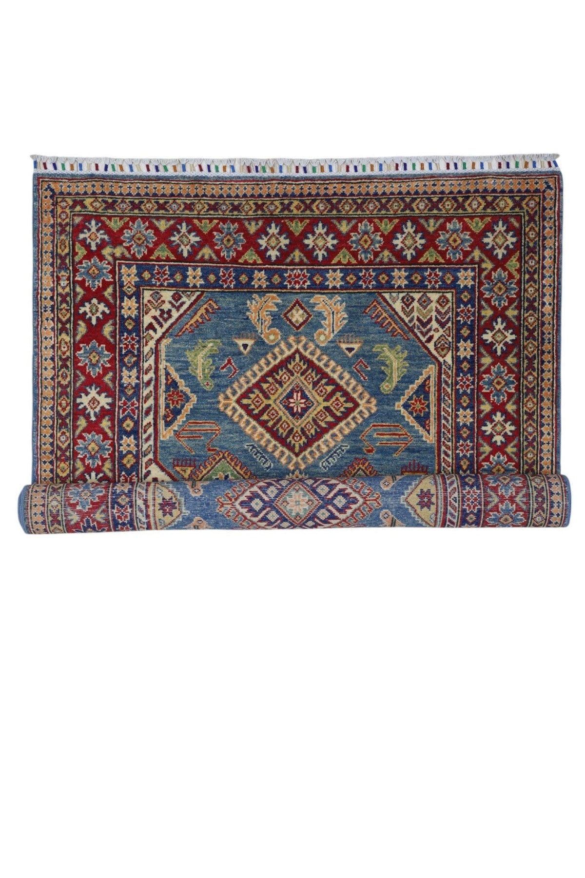 Afghan Kazak Medallion Rug 4x6 | Light Blue, Red, Ivory & Navy | Hand-Knotted Wool - Rugistan, view 6