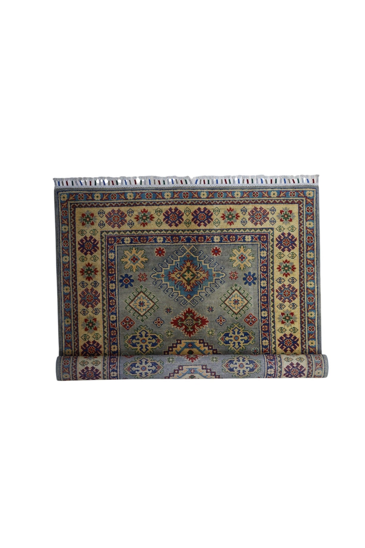Afghan Kazak Medallion Rug 4x6 | Gray, Gold & Red | Hand-Knotted Wool - Rugistan, view 6