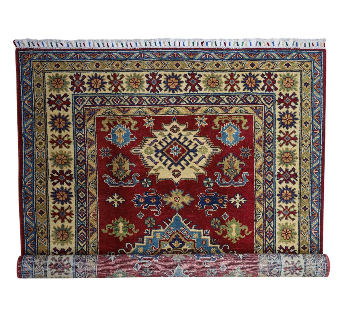 Afghan Kazak Medallion Rug 5x7 | Red, Gold & Ivory | Hand-Knotted Wool - Rugistan, view 5