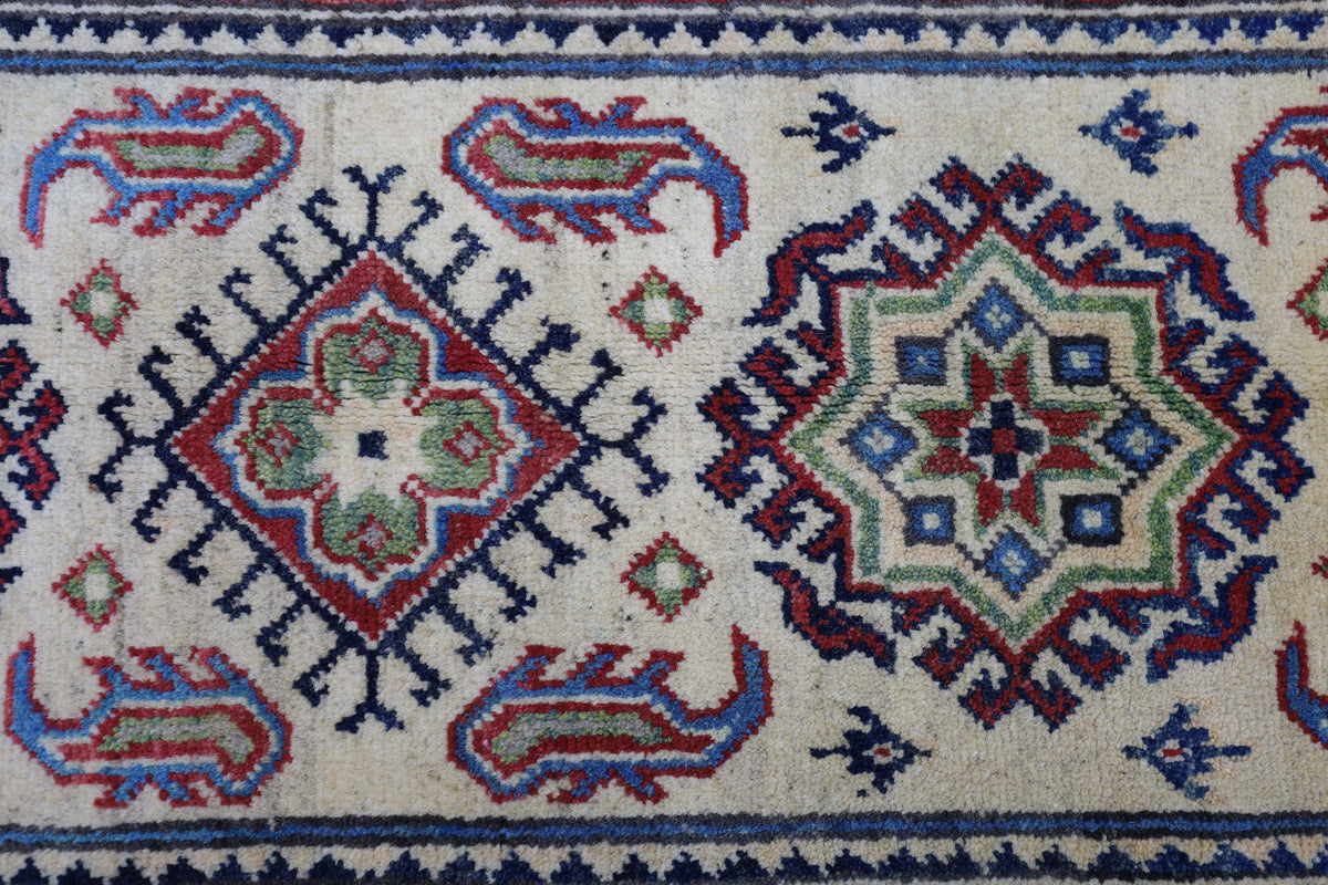 Afghan Kazak Medallion Runner 2x6 | Ivory, Red, Navy & Blue | Hand-Knotted Wool - Rugistan, view 4