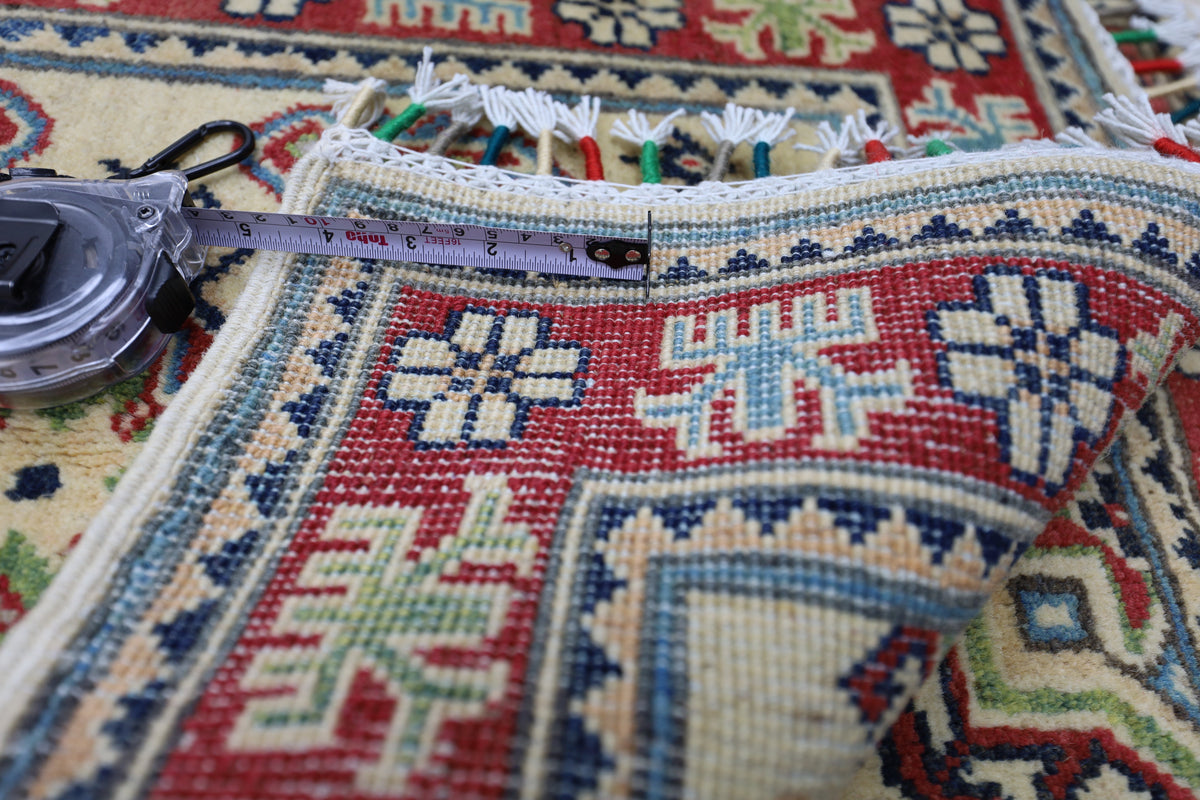 Afghan Kazak Medallion Runner 2x6 | Ivory, Red, Navy & Blue | Hand-Knotted Wool - Rugistan, view 5