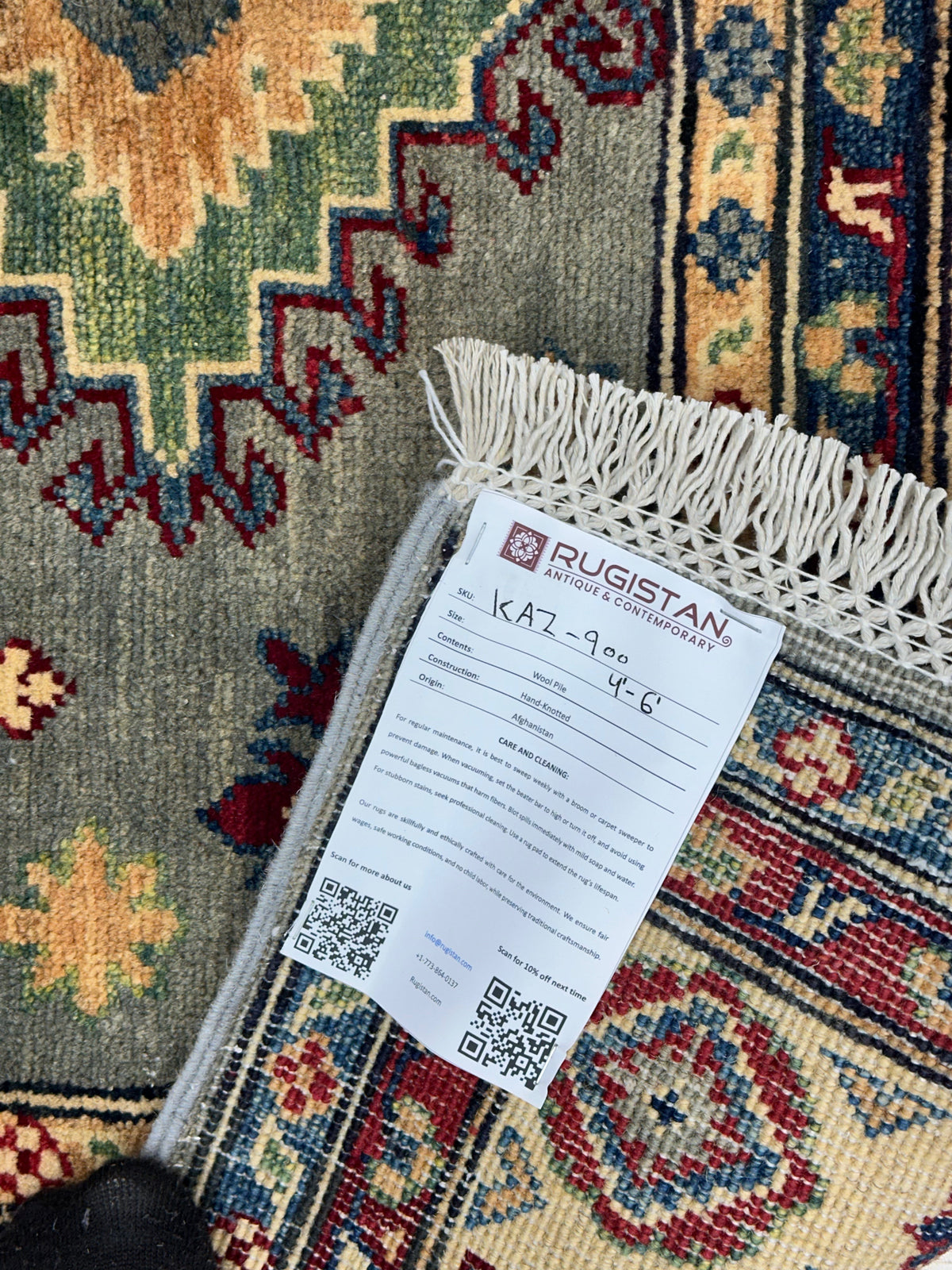 Afghan Kazak Rug 4x6 | Gray, Ivory & Burgundy | Hand-Knotted Wool - Rugistan, view 5
