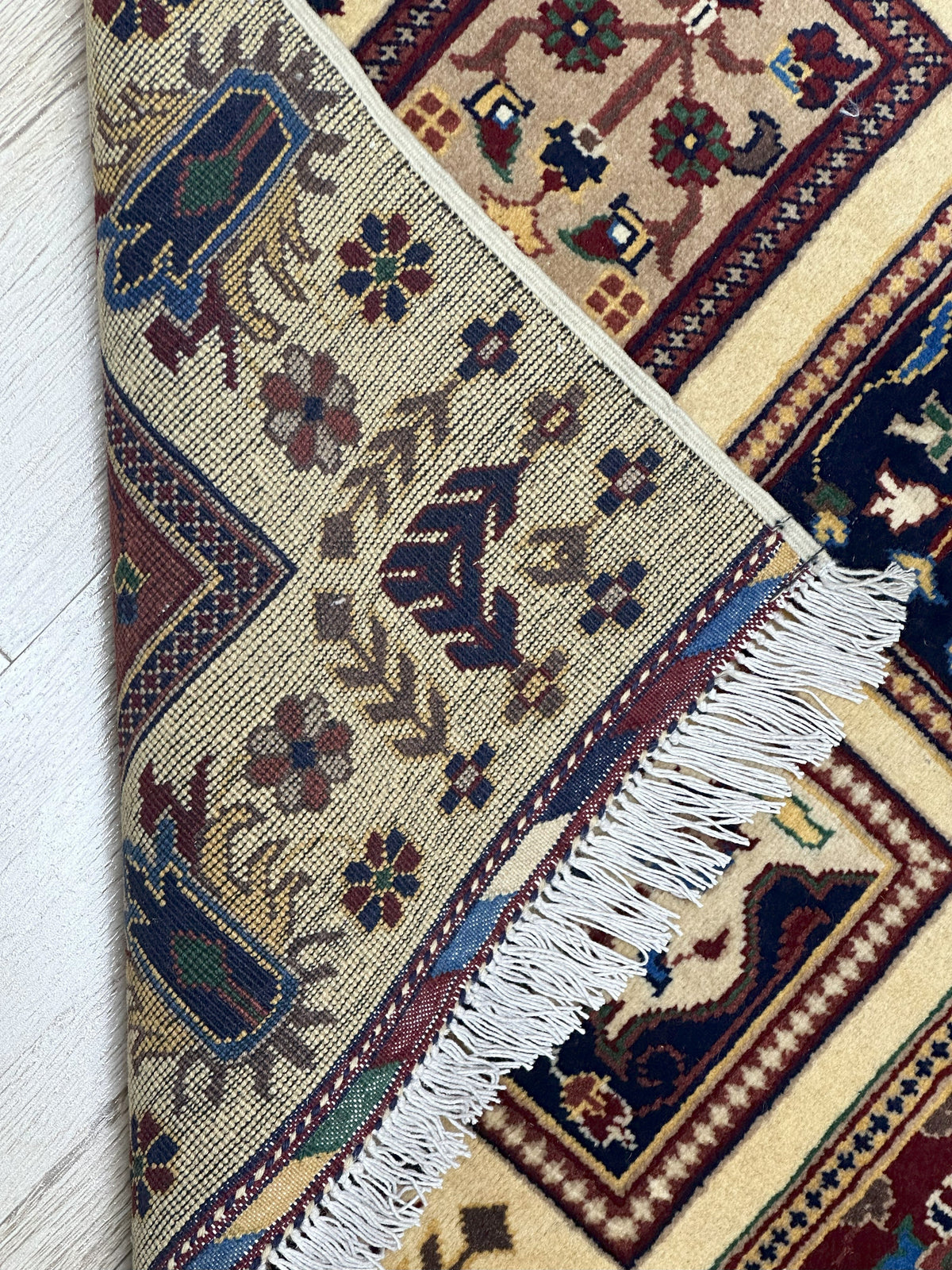 Afghan Bakhtiari Rug 3x5 | Beige, Navy & Red | Hand-Knotted Wool - Rugistan, view 3