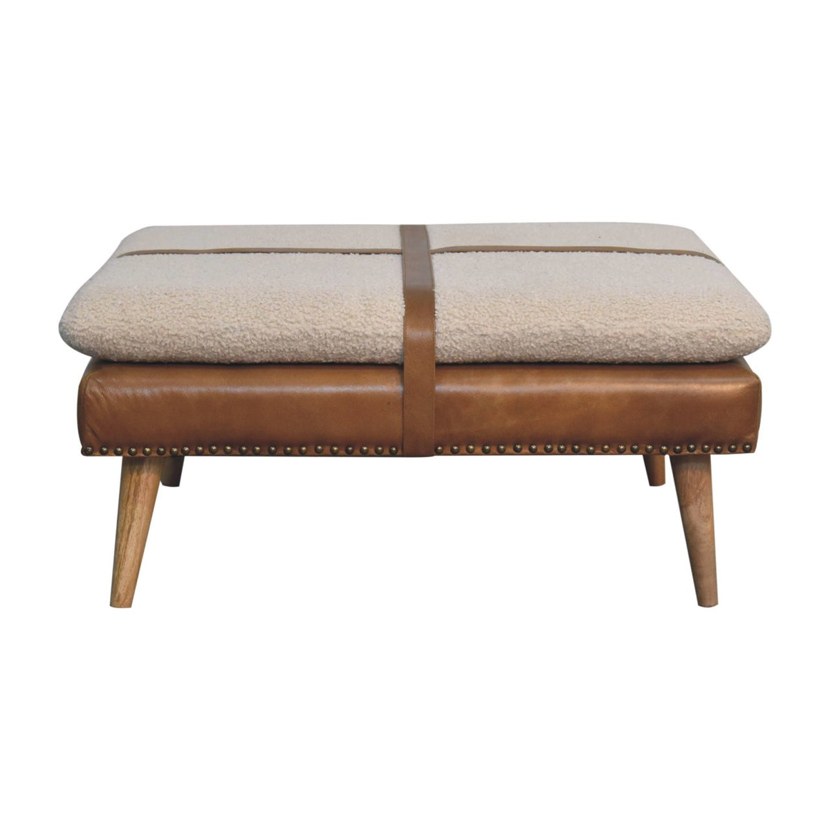 Large Square Bouclé Buffalo Hide Brown Leather Footstool — handmade mango wood furniture by Artisan Furniture