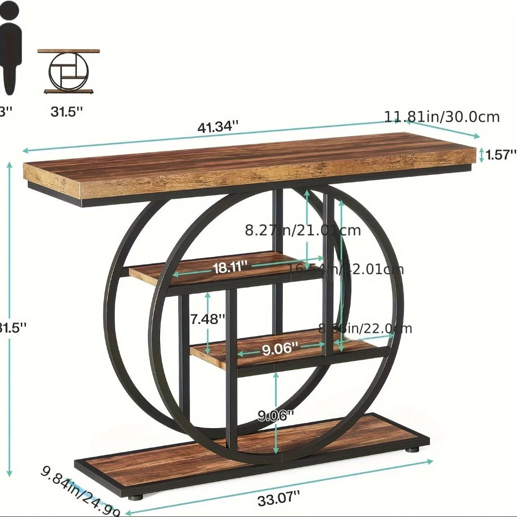 Industrial Console Table with 4-Tier Shelves and Round Base