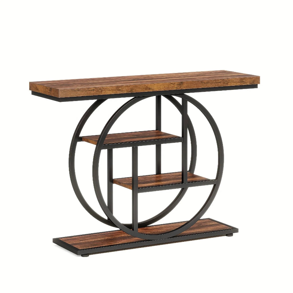 Industrial Console Table with 4-Tier Shelves and Round Base