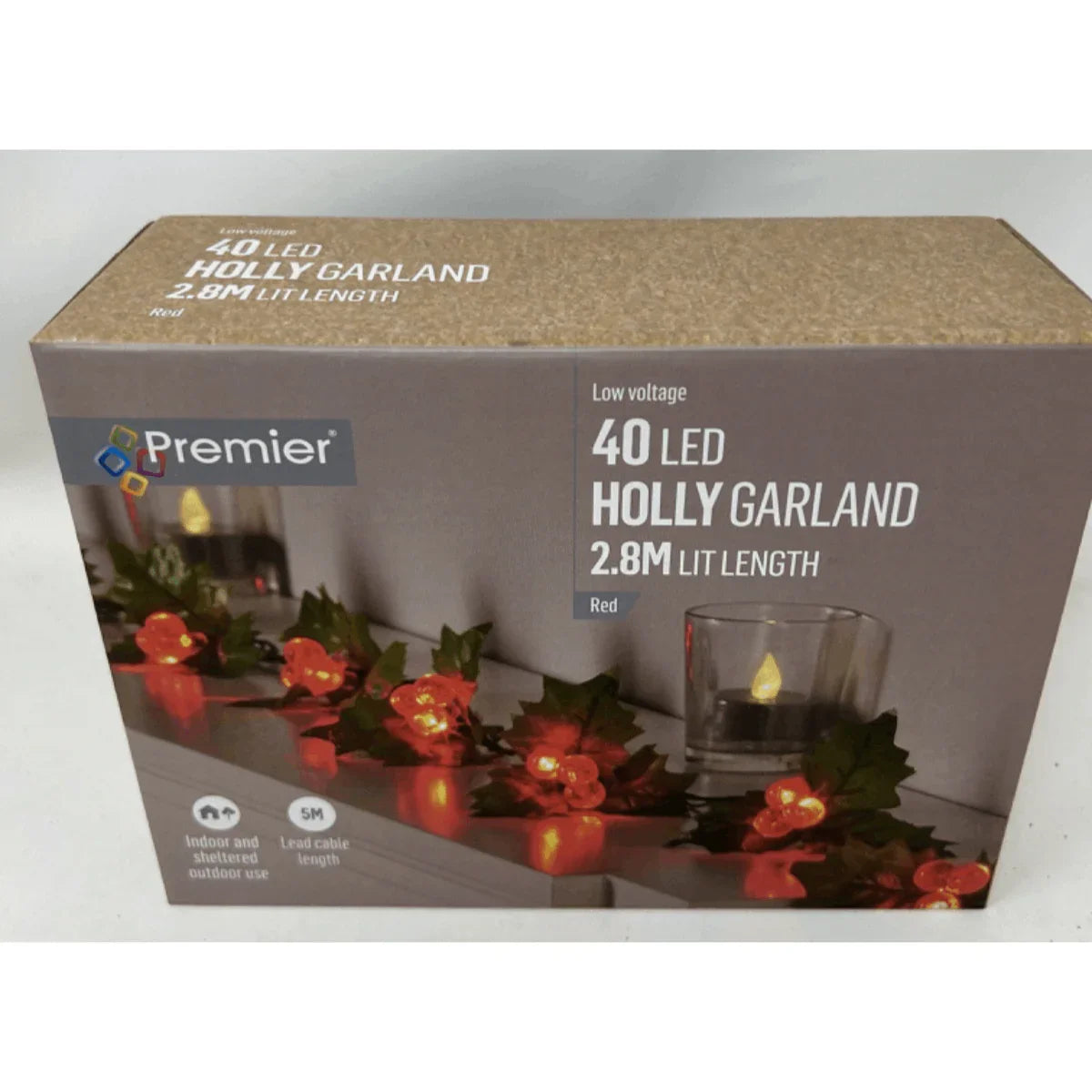 LED Holly Garland 2.8m Mains Powered Xmas Decoration Red Berries