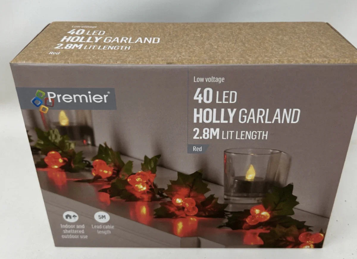 LED Holly Garland 2.8m Mains Powered Xmas Decoration Red Berries