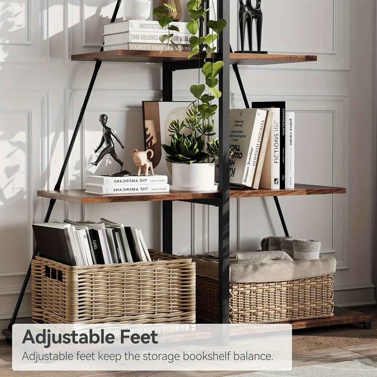 LIZHOUMIL 4-Tier Modern Boat-Shaped Bookshelf - Space-Saving Narrow Wooden & Metal Storage Shelf Organizer with Sturdy PB Board, Black Home Decor for Living Room, Bedroom, Office, Bookshelf Furniture, Bedroom Bookshelf, Conte