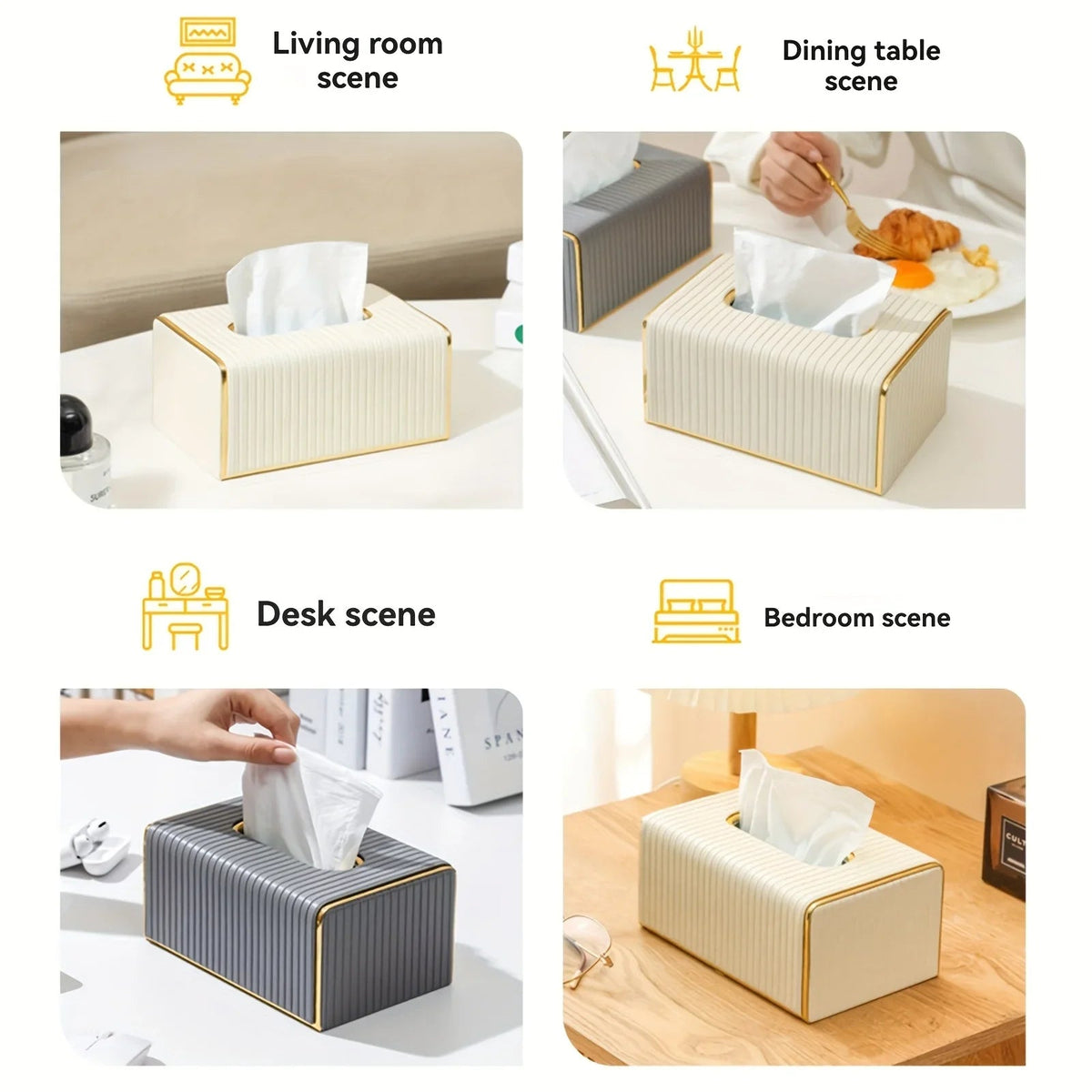 Premium Striped Faux Leather Tissue Box Cover with Golden Accents