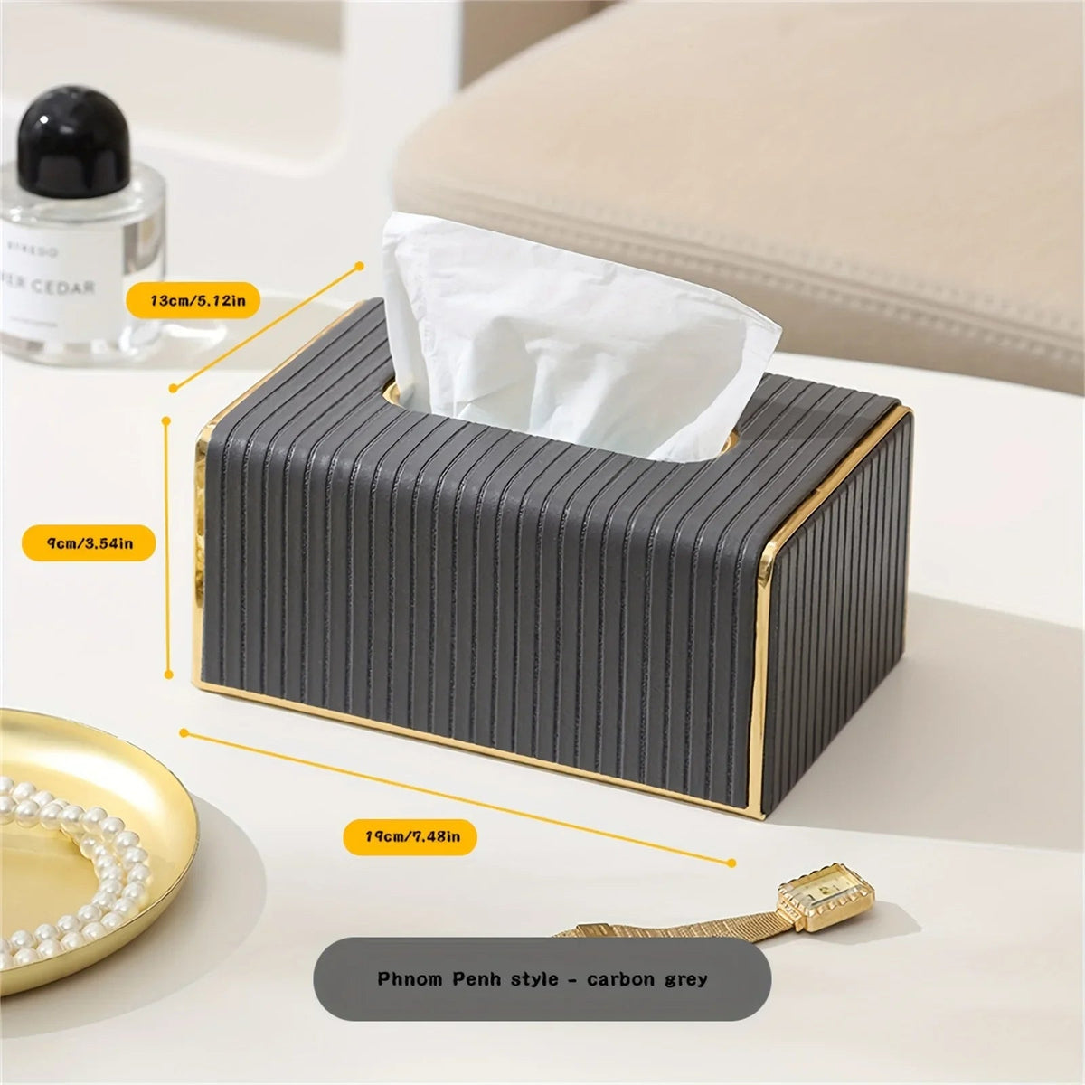 Premium Striped Faux Leather Tissue Box Cover with Golden Accents