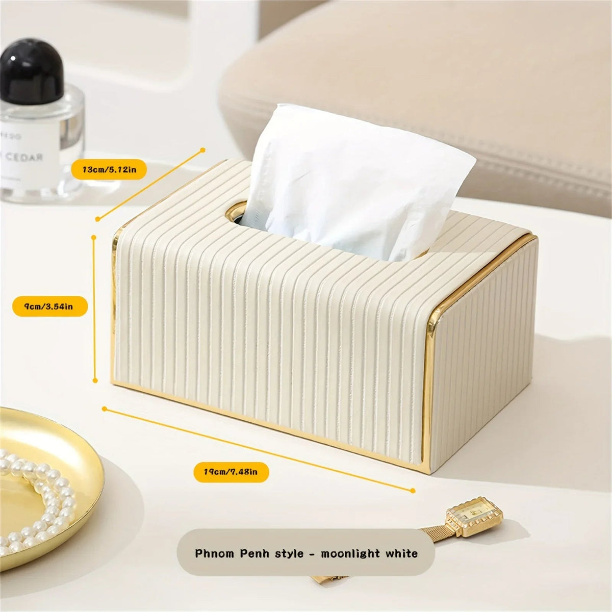 Premium Striped Faux Leather Tissue Box Cover with Golden Accents