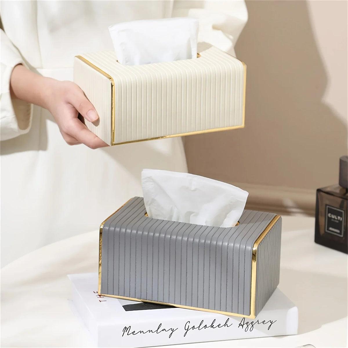 Premium Striped Faux Leather Tissue Box Cover with Golden Accents