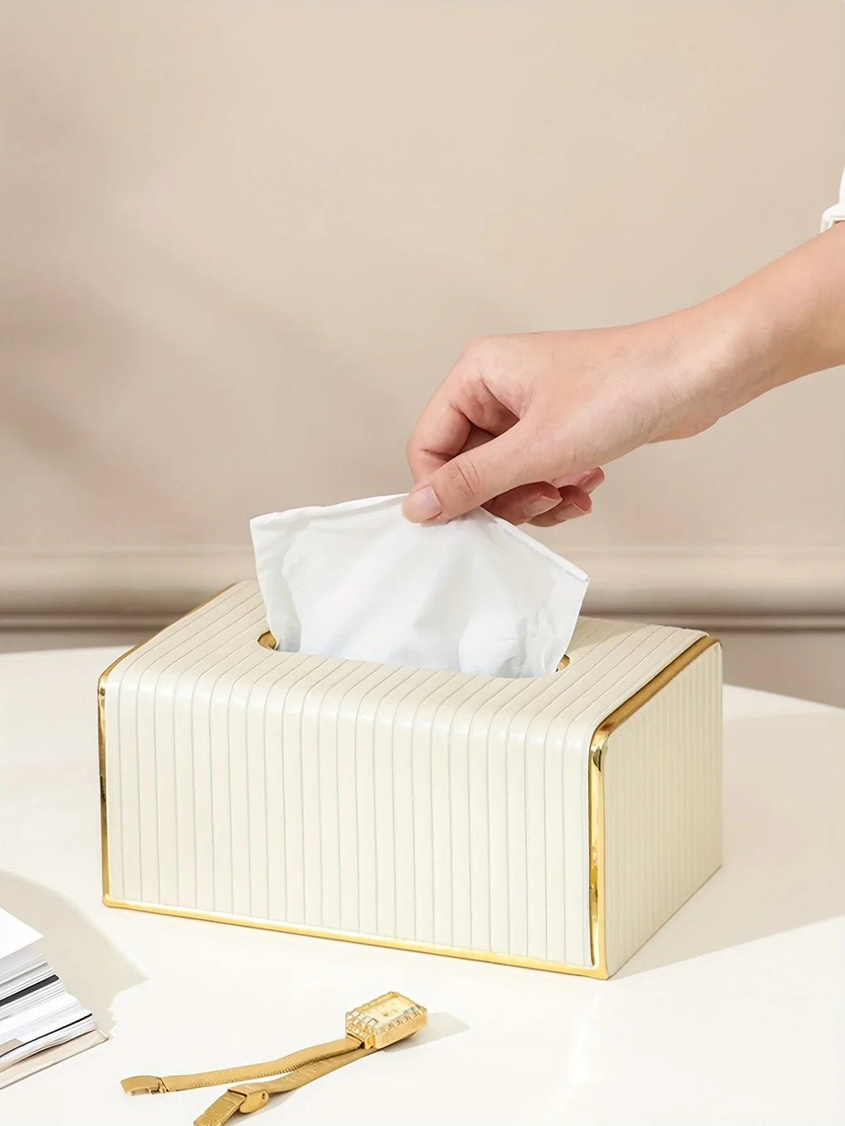 Premium Striped Faux Leather Tissue Box Cover with Golden Accents