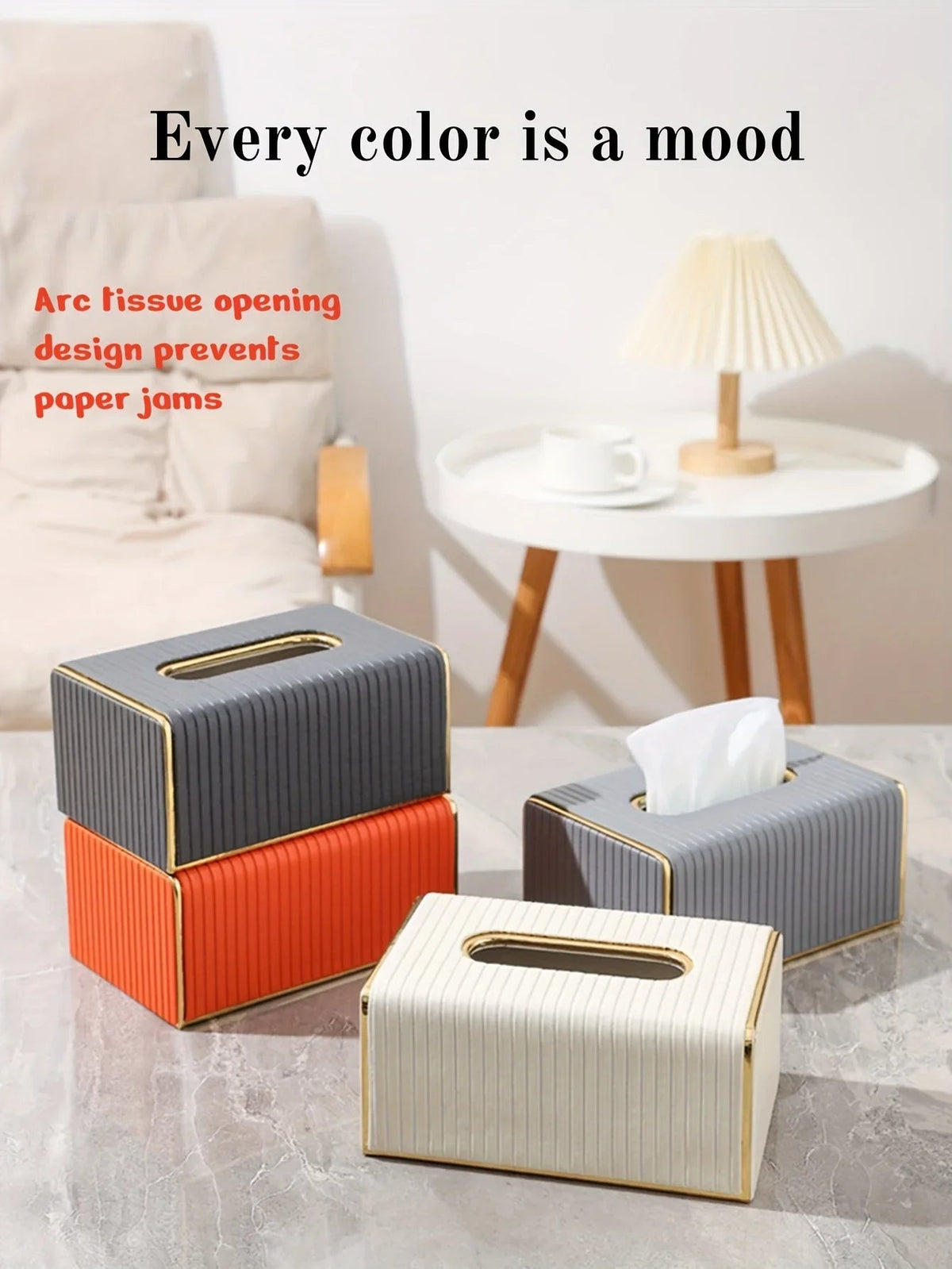 Premium Striped Faux Leather Tissue Box Cover with Golden Accents